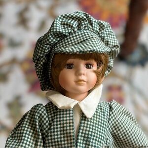 Vintage Victorian Porcelain Collectable Doll Girl Boy Gingham Jacket Trousers